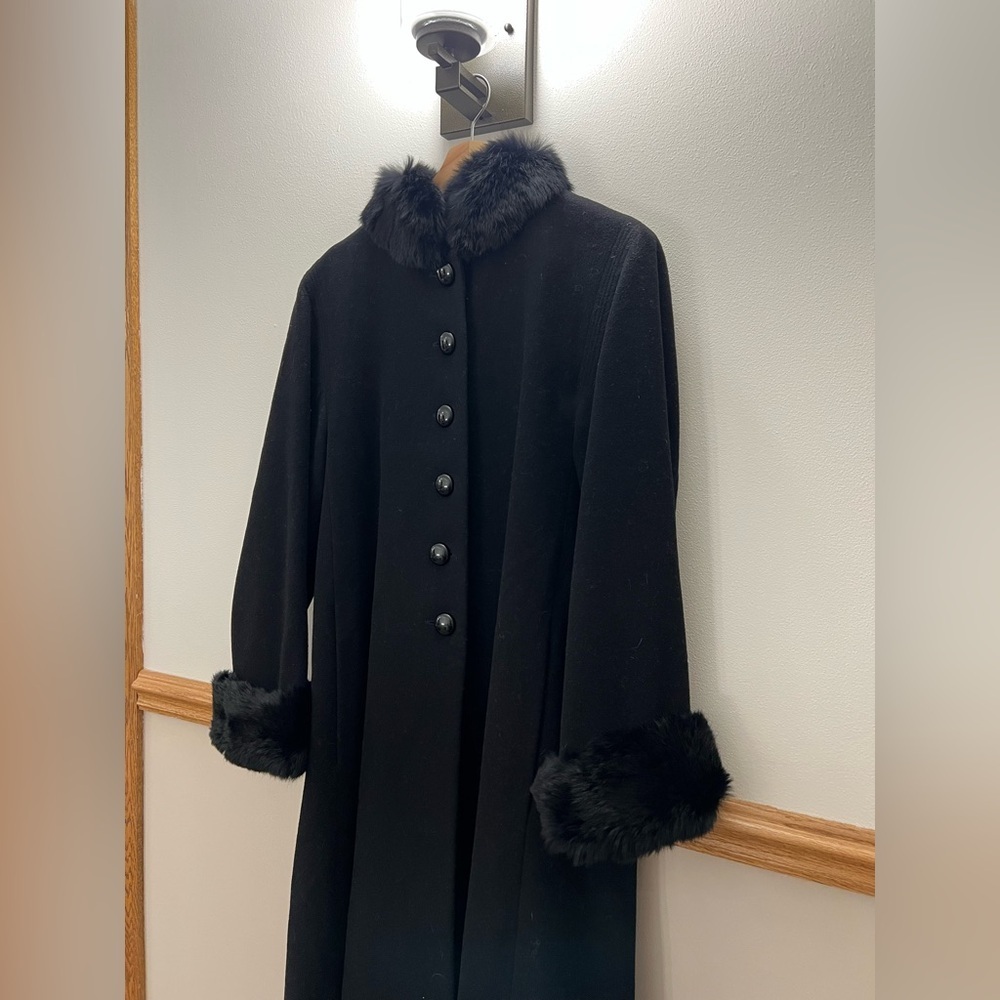 Vintage 100% Wool Rabbit Fur Trim Collar Pea Coat Black size 8 / medium - Picture 3 of 7